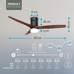 Varin® Smart Plafondventilator met verlichting - Ø 132cm - Zwart/Walnoot - LED CCT 18W - Super stil 20dB - 6 snelheden - Woonkamer - Slaapkamer - Tuya WiFi - App & Afstandsbediening — thumbnail 5