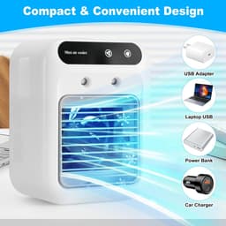 Draagbare luchtkoeler - mini-airconditioner met 1800mAh-batterij en handvat - 500ml-watertank - 3-in-1 verdampingskoeler en luchtbevochtiger - stille luchtkoeler voor slaapkamer - kantoor en camping - wit — thumbnail 4