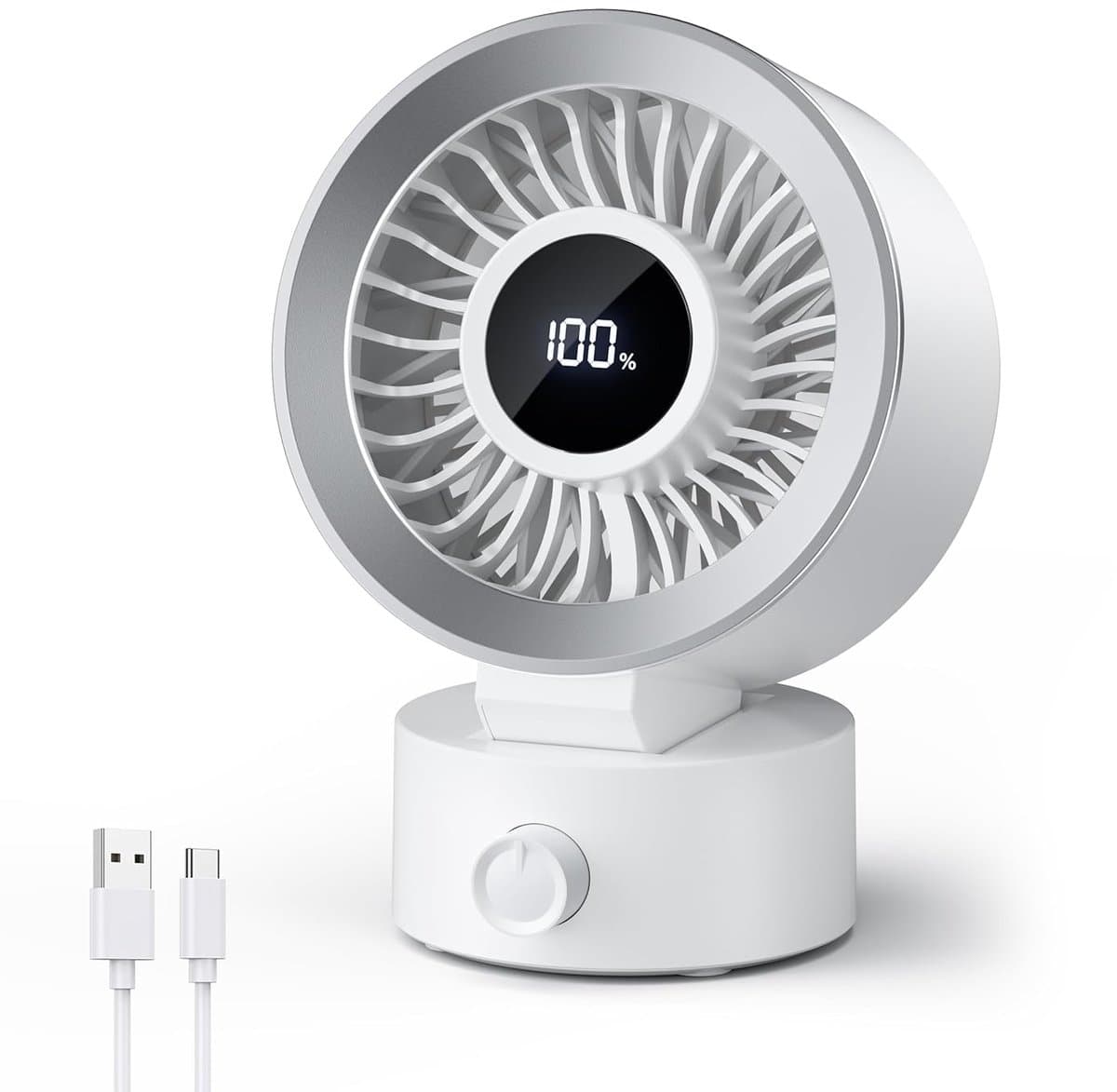 LISM-Stille bureauventilator: Oplaadbare bureauventilator, USB-voeding, draagbare bureauventilator, digitaal display, 30° verstelbare kantelhoek, 100 snelheden, geschikt als cadeau Geschikt voor dames of heren, wit. — afbeelding 1