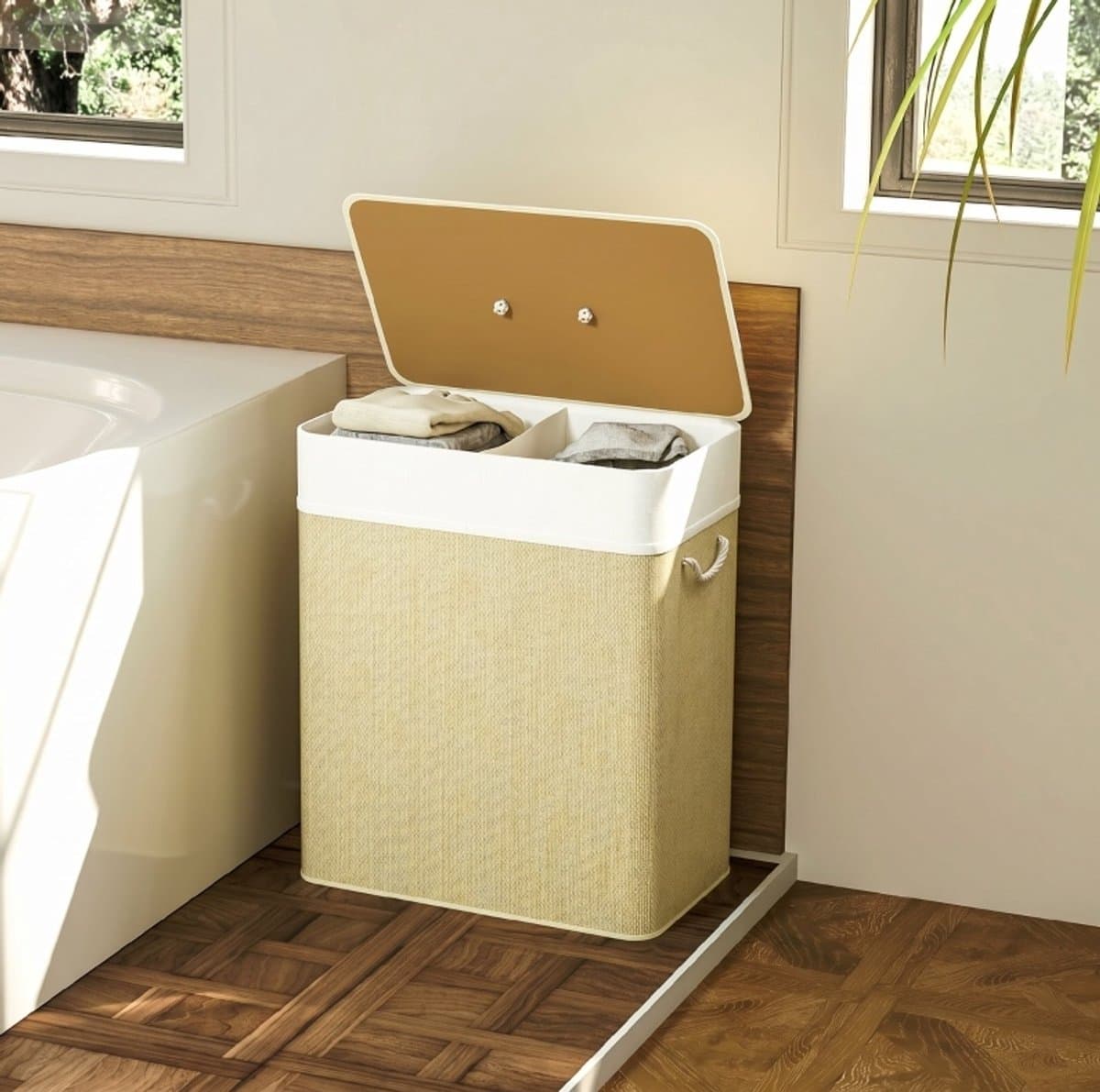 COVREO Wasmand 52x32x63 cm wit, bamboe 100 L met deksel en 2 vakken — afbeelding 1