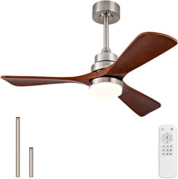 Houten Plafondventilator 42 inch - Met Licht en Afstandsbediening - Binnen en Buiten Gebruik - Modern Design met 3 Bladen - Geschikt voor Terras, Woonkamer, Boerderij - Zijde Nikkel Afwerking — thumbnail 1