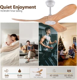 MODENUIT Plafondventilator – 42 Inch – 3 Houten Bladen – Wit en Naturel – Afstandsbediening – Geheugenfunctie — thumbnail 4