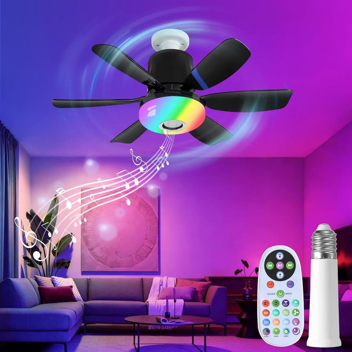 QTTVBTNA -Socket Ventilator Lamp - Plafondventilator Met Licht - E27 Socket Fan - Onafhankelijke Bediening - Bluetooth Muziekstreaming - Duurzaam ABS Kunststof - RGB Sfeerverlichting - Energiezuinige Koeling - 1 Stuk — afbeelding 1