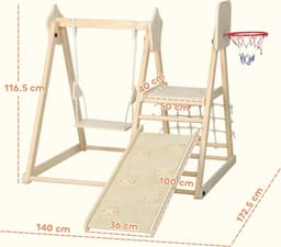 5-in-1 Montessori Indoor Houten Klimdriehoek met Glijbaan, Schommel, Klimnet en -bord, Basketbalring, Opvouwbaar Speelplaats voor Kinderen van 3-6 Jaar, Natuur — thumbnail 3