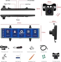 Achteruitkijkspiegel dashcam 11,6 inch CarPlay Android Auto - Achteruitrijcamera IPS-display WDR-opname Bluetooth-FM-AUX 7V-36V — thumbnail 3