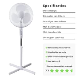 Cheqo® Staande Ventilator - Fan - Statiefventilator - Luchtkoeler - 40cm - 45W - 3 Snelheden - Verstelbaar - Draaifunctie - 140cm Snoerlengte — thumbnail 4