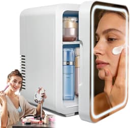 Cosmetische Koelkast - Skincare Fridge - Mini Koelkast 4L - Make-up Koelkast - LED Spiegel - 3 Dimstanden - Koelen & Verwarmen - Auto Koelkast - 220V & 12V - Thuis & Auto - 27x22x18 cm - Voor Huidverzorging & Maskers & Drankjes - Wit — thumbnail 1