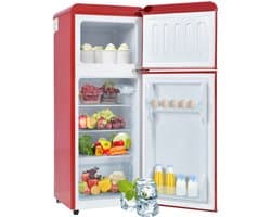 Retro koelkast. Coole en vriezercombinatie, 105,5 cm hoog, 41 cm breed, tweedeurs, met een totaal van 92 liter totaal volume, 28 liter vriezervolume. Deurplanken en glazen planken. 116 kWh/jaar, -27 ° C ~ 13 ° C, LED -licht.
