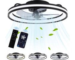 Plafondventilator met lamp 48cm Ventilator met LED verlichting Ventilatoren Met afstandsbediening Zomer- en winterstand - Zwart