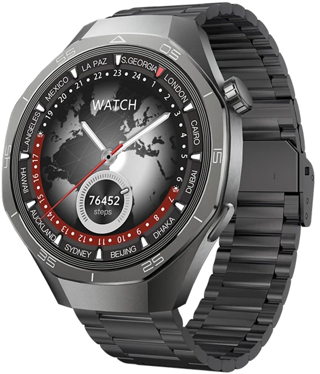 WizBay Premium Select® 1.53 inch TFT Smartwatch Dames Heren - Sapphire Glas - Android en iOS - Bluetooth Call - 02 Zuurstof - Bloedruk - Message - AI Voice - Multiple Sport Modi - Obsidiaan Zwarte Case 2 extra Banden Zwart Leer en Siliconen — afbeelding 1