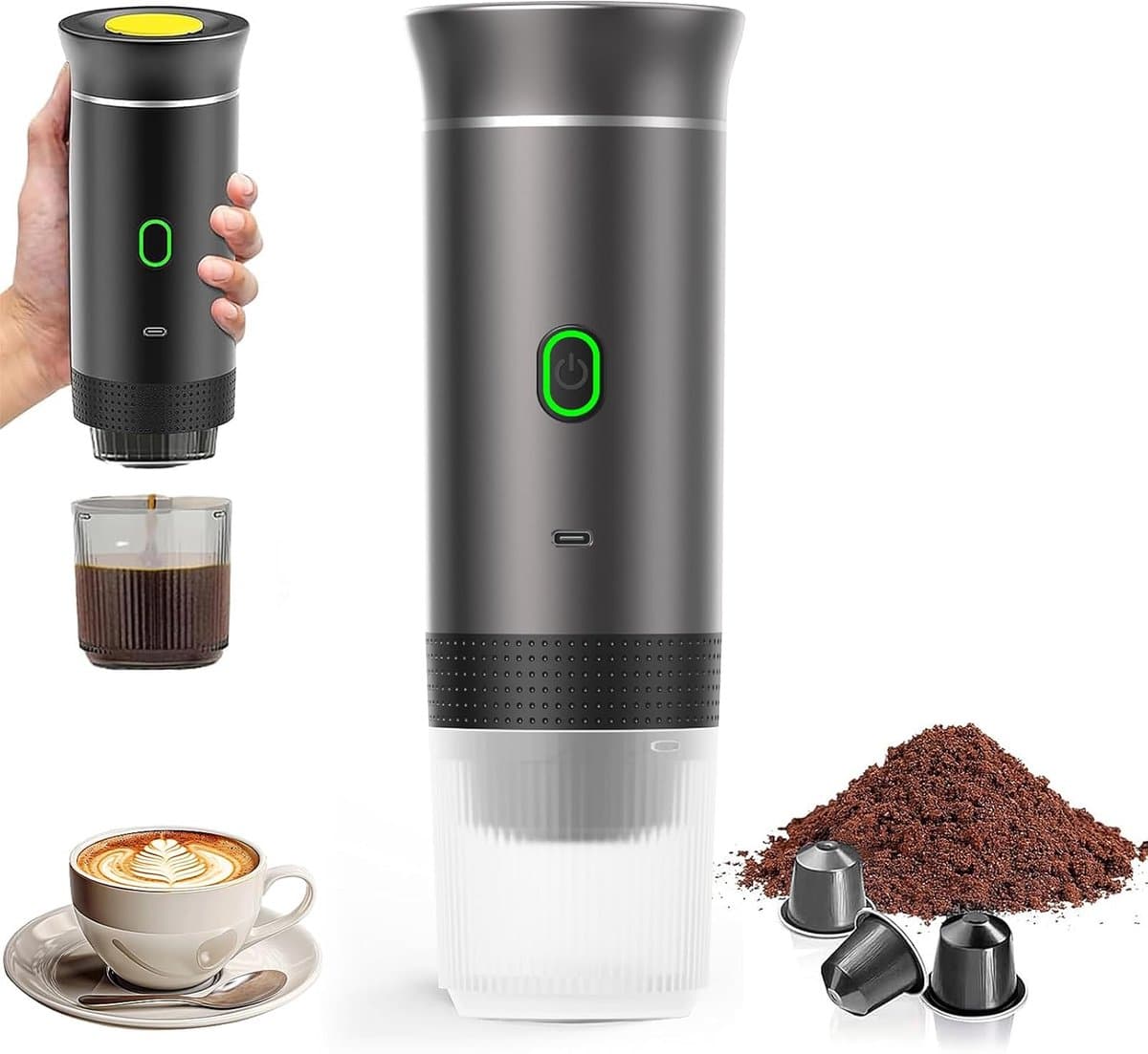 Draagbare reis espressomachine - 12V oplaadbare espressomachinemet voor kamperen en auto - Amerikaanse Italiaanse geconcentreerde elektrische kleine draadloze verwarming - Grijs — afbeelding 1