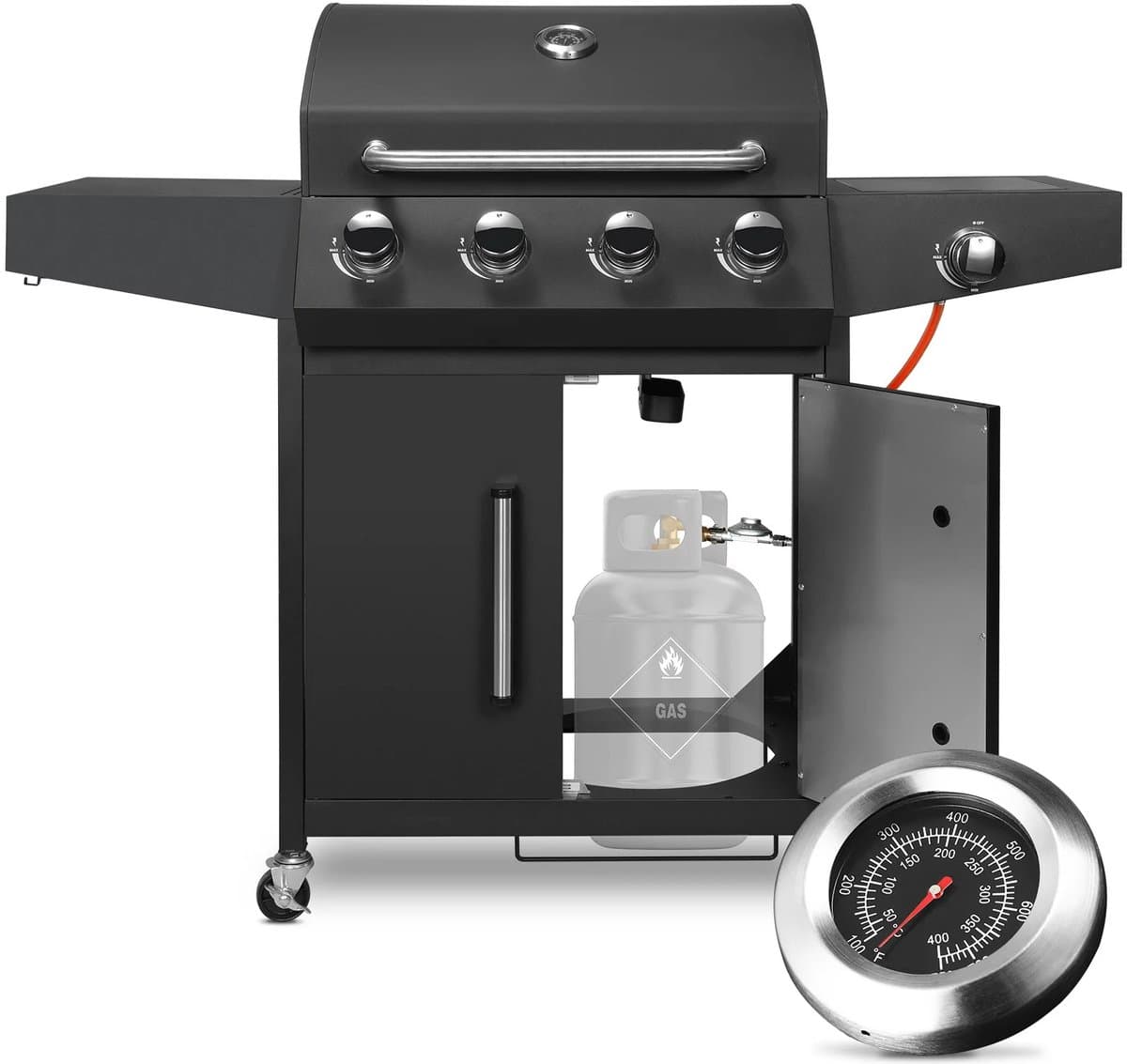 Stemily Gas BBQ - 4 Hoofdbranders - 1 Zijbrander - Ingebouwde Thermometer - Zijtafels & Gereedschaphaken - 44x135x136cm — afbeelding 1
