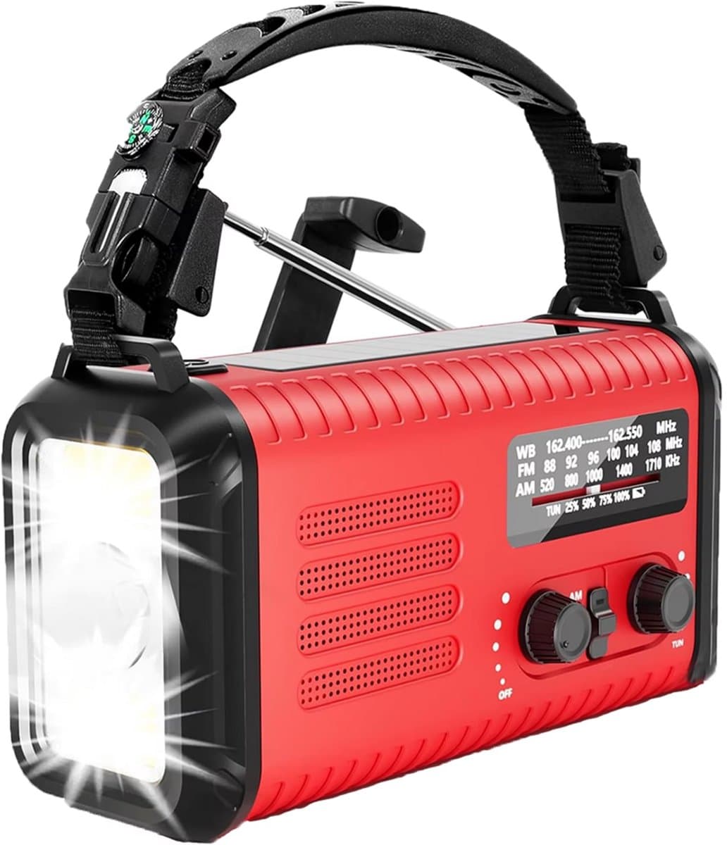NovaWare NoodRadio Solar Opwindbaar - FM/AM - Powerbank Zonneenergie met 20.000mAh - Survival Noodpakket - Draagbare Radio op batterijen – Rood — afbeelding 1