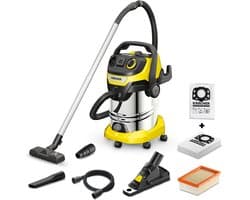 Kärcher WD 6 P S V-30/6/22T Renovation Set - Incl. boorstofopvanger + extra set vliesfilterzakken - 1300 W - 30 liter - GeÍntegreerd stopcontact - RVS zuigbuiszen - Afvoerschroef - RVS container - Vlakfilter