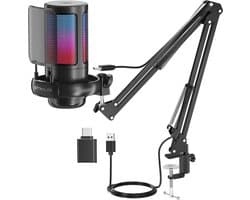 Strolox® Microfoon met arm - USB - gaming - RGB Condensatormicrofoon - met Mute-Knop, Popfilter, Microfoonarm - Luxe microfoon