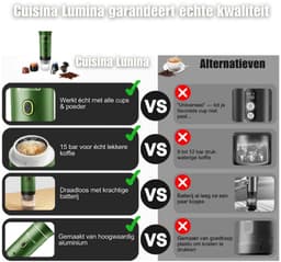 Draagbare koffiemachine - Cuisina Lumina ® - Hoogwaardige kwaliteit - 120 ML - Voor onderweg - Draagbaar koffiezetapparaat - Camping gadget - Oplaadbaar - Verwarmt water - Koffiecups & gemalen koffie - Espresso & Lungo - Matte groen — thumbnail 5