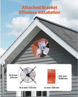 Gevelventilator - 15 inch zolderafzuigventilator in fel oranje met regelbare thermostaat en buitenrooster. 1650 CFM huisventilator om tot 2360 vierkante voet te koelen. — thumbnail 2