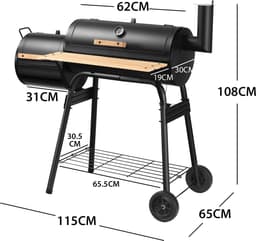 COSTWAY Houtskoolgrill met deksel, grillwagen met wielen, zijvuurbox, zijtafel, plank, houten handgrepen, thermometer, houtskoolgrill voor camping, terras, tuin — thumbnail 2