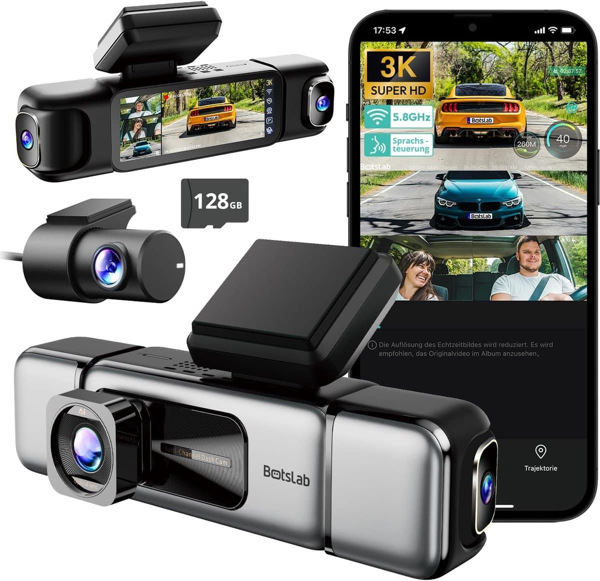 BOTSLAB 4-kanaals dashcam voor auto (voor- en achterkant), 4-kanaals 3K + 3 * 1080P, autodashcam met 128GB SD-kaart, GPS, 5GHz WiFi, 3.18" IPS-scherm, super nachtzicht, WDR, G-sensor, loopopname, parkeermonitor — afbeelding 1