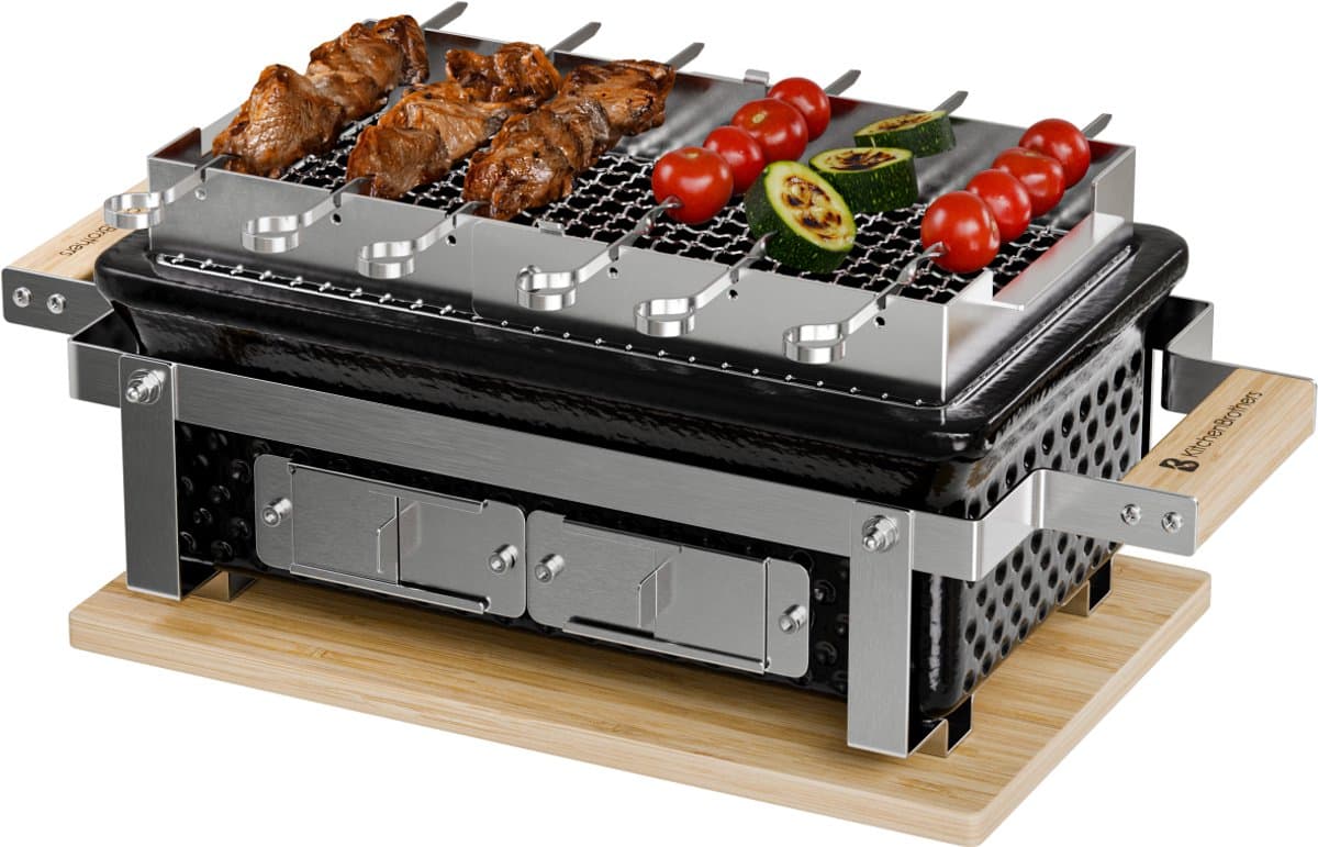 KitchenBrothers Kamado Hibachi Grill - Met Grillrek en Stokjes - Houtskool Barbecue - PFAS-vrij - Shichirin Tafelgrill - Rechthoekige BBQ - Keramische Barbecue - Vaderdag Cadeau - Zwart — afbeelding 1