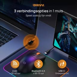 Drivv. Gaming Mouse Nova - Gaming Muis Draadloos - Ultra Licht - 63 gram - PAW3311 - 12.000 DPI - 3 in 1 model - Bedraad / Bluetooth 5.3 / 2.4G - Zwart — thumbnail 4