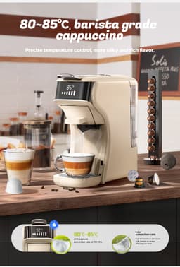 HiBREW H1B 6-in-1 Pods Koffiezetapparaat- Waterreservoir van 600 ml - Extractie met een druk van 20 Bar - Koude/Warme modus - LED-indicator - Beige — thumbnail 5