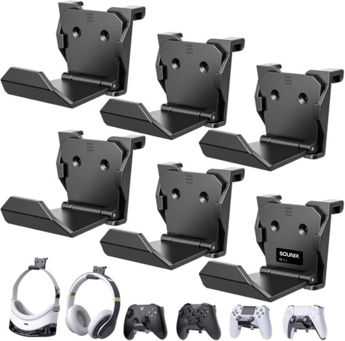 Sounix Universele Game Controller Houder - Hoofdtelefoon Hanger - 6 stuks - Controller Muurbevestiging voor PS5/PS4/Xbox/Switch - Zwart — afbeelding 1