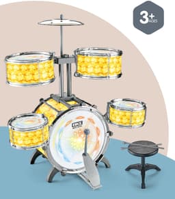 WK Kinder Lichteffecten Drumstel met 5 Trommels & 7-Kleuren LED – 73×59×31cm – Jazz Drum Speelgoed voor Jongens & Meisjes – Drumstel voor Beginners – Educatief Speelgoed met Realistische Geluiden - Geel — thumbnail 1