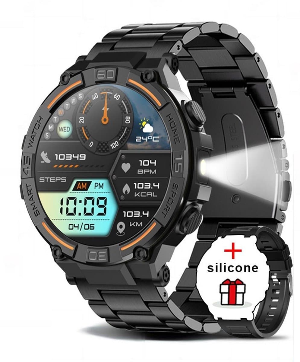 Knobbout 1.52" Scherm (3.8cm) Schokbestendig Sport Smartwatch - Zijwaartse LED-verlichting-Bloeddrukmeting, hartslag monitoring en bloedzuurstof (SpO₂)-controle- Bluetooth belfunctie - Sedentaire herinnering-Zwart stall+ siliconenband — afbeelding 1
