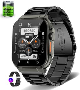 Knobbout 1.96"Scherm Smartwatch - Bluetooth belfunctie-Super sterke batterij 600MAH- met o.a. NL menu - 44mm HD scherm- Zinklegering horlogekast - Bloeddrukmeting&Bloedzuurstof functie - Opnamefunctie - Slaapmonitor - Zwart Staal+silicone band — thumbnail 1
