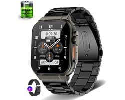 Knobbout 1.96"Scherm Smartwatch - Bluetooth belfunctie-Super sterke batterij 600MAH- met o.a. NL menu - 44mm HD scherm- Zinklegering horlogekast - Bloeddrukmeting&Bloedzuurstof functie - Opnamefunctie - Slaapmonitor - Zwart Staal+silicone band
