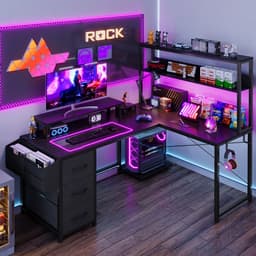 Gaming Bureau met LED Verlichting - 148x100x148 cm - L-Vormig Hoekbureau met Stopcontact - 3 Non Woven Lade - Gaming Desk - Computer Tafel - Gaming Tafel - met Opbergplanken, Tas & IJzeren Haak - Zwart - Bureau voor Gamen, Studeren en Werken — thumbnail 5