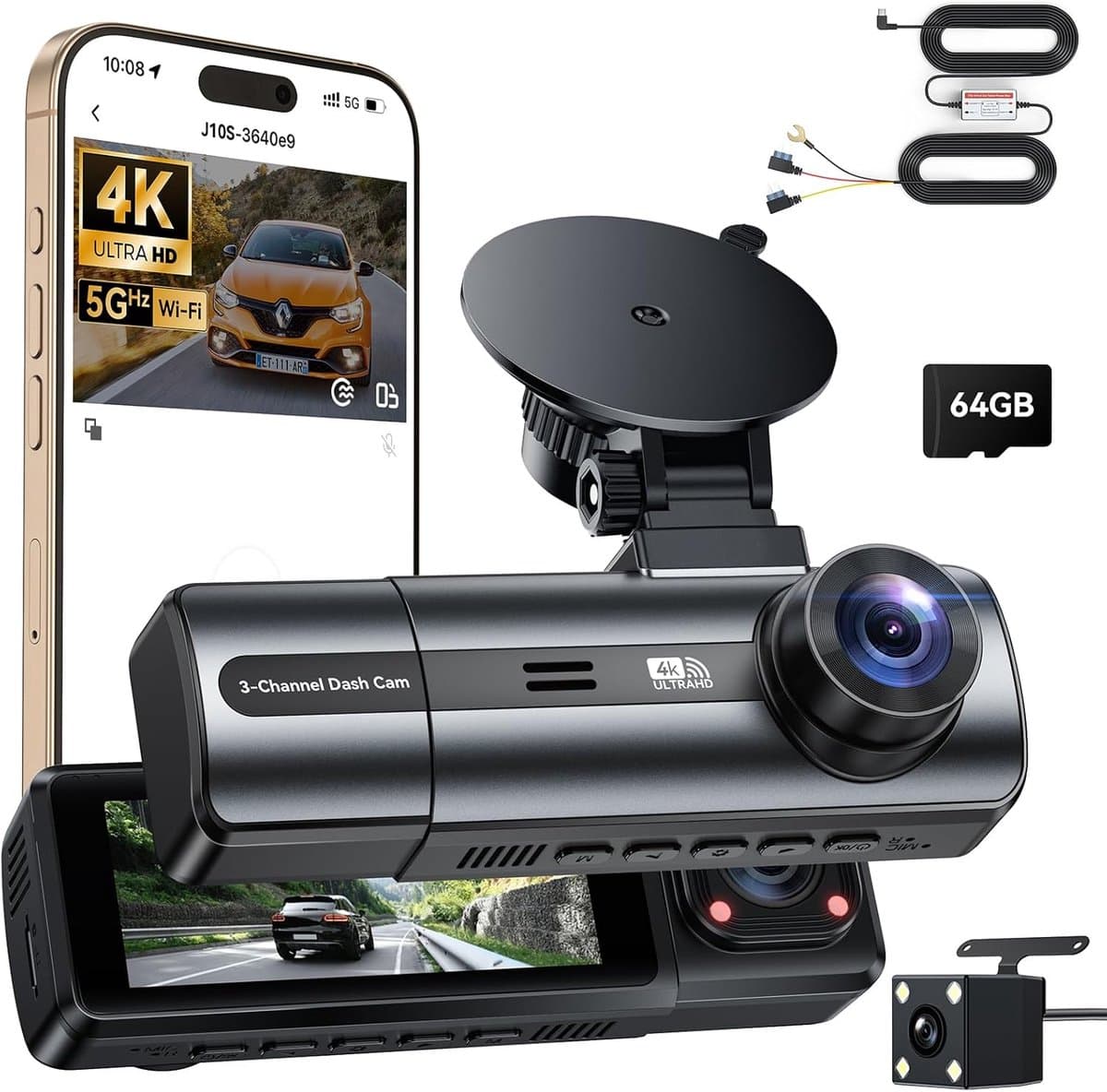 4K dashcam voor de auto - voor en achter met hardwire kit, wifi dashcam met parkeerbewaking, 64 GB SD-kaart, 3-kanaals autocamera met nachtzicht, 170° groothoek, WDR, G-sensor, loopopname — afbeelding 1