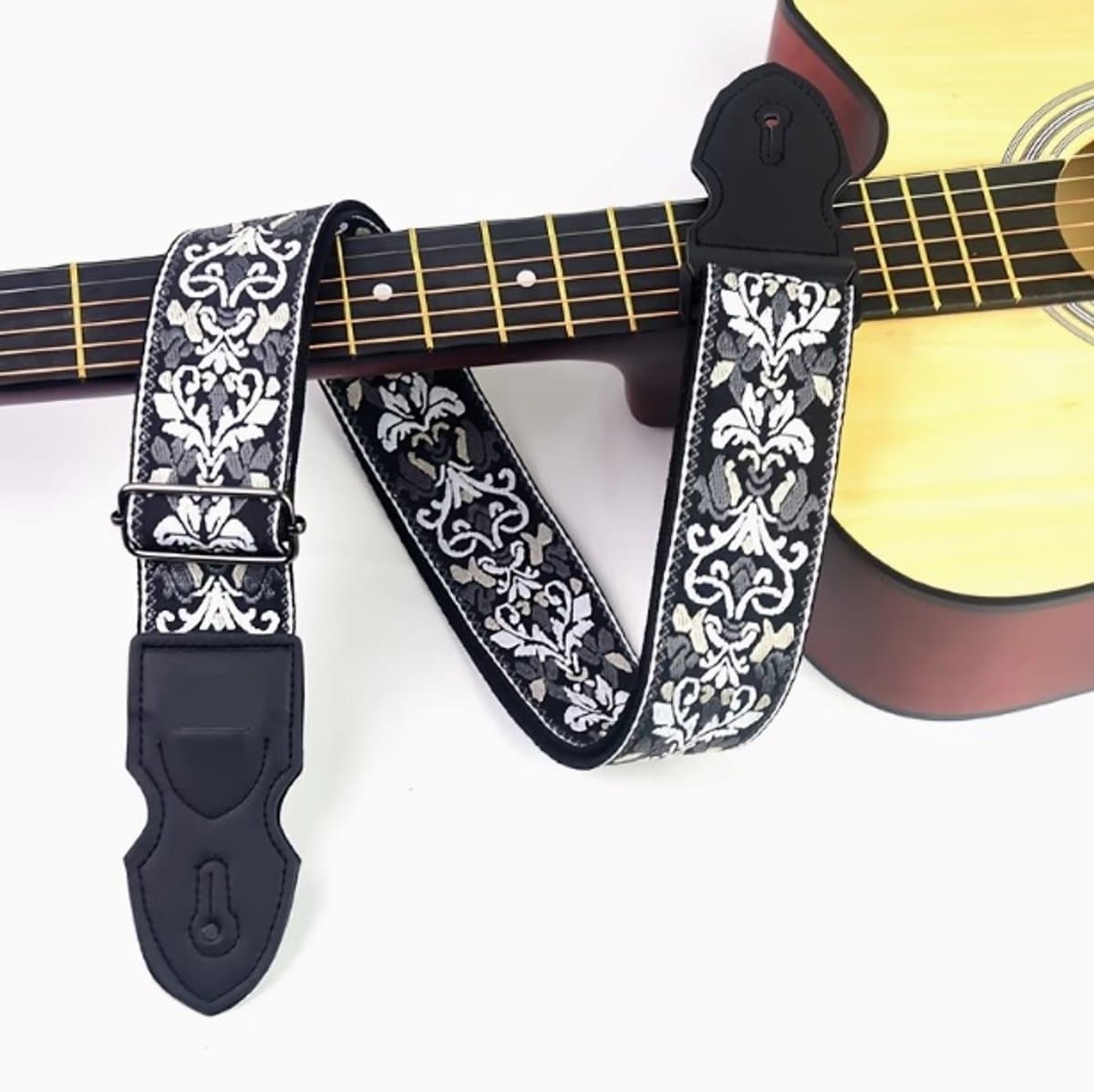P&P® - Professionele Verstelbare Stevige Gitaarband - Guitar strap Band - Luxe Gitaarriem - Bas/Elektrische /Akoestische/ Klassieke Gitaar - Geborduurd Grijs - Zwart -Wit — afbeelding 1