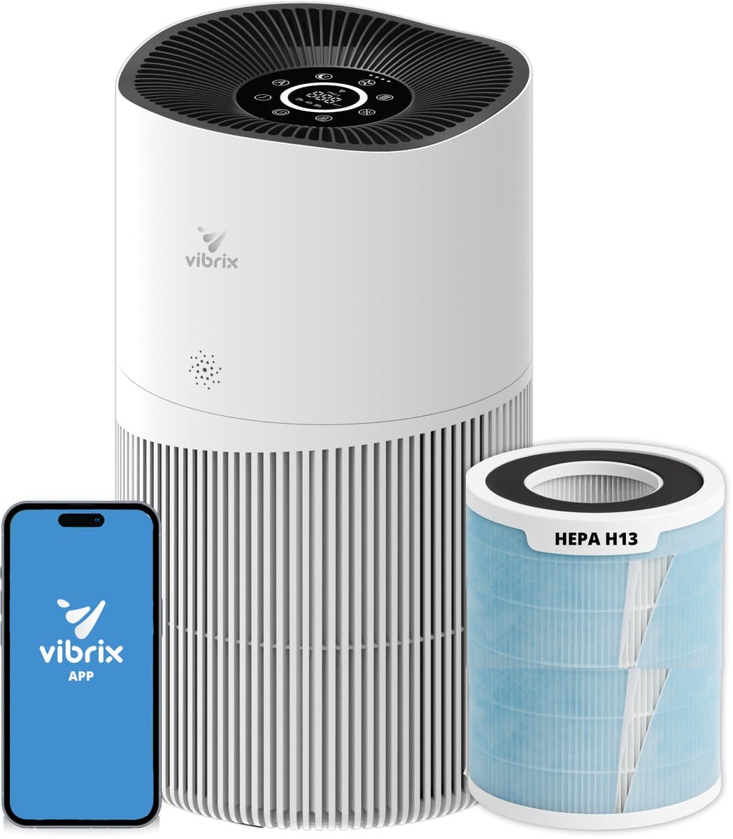 Vibrix PureFlow70 Luchtreiniger / Air Purifier – HEPA H13 + koolstoffilter – 468 m³/u – Voor kamers tot ca. 70 m² – Ionisator – App-bediening – Zeer stil met slaapstand – Luchtkwaliteitindicator — afbeelding 1