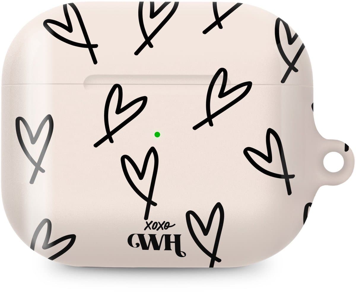 xoxo Wildhearts hoesje geschikt voor AirPods Pro 3 - All Yours - Glossy - Ook als telefoonhoesje verkrijgbaar - schokbestendige case - koptelefoon hoesje - Glimmend - Beschermhoes met hartjesprint - hartjes - Beige - Zwart — afbeelding 1