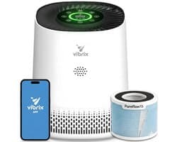Vibrix PureFlow15 Luchtreiniger / Air Purifier – HEPA H13 + koolstoffilter – 100 m³/u – Voor kamers tot 15 m² – Ionisator – App-bediening – Zeer stil met slaapstand – Luchtkwaliteitindicator