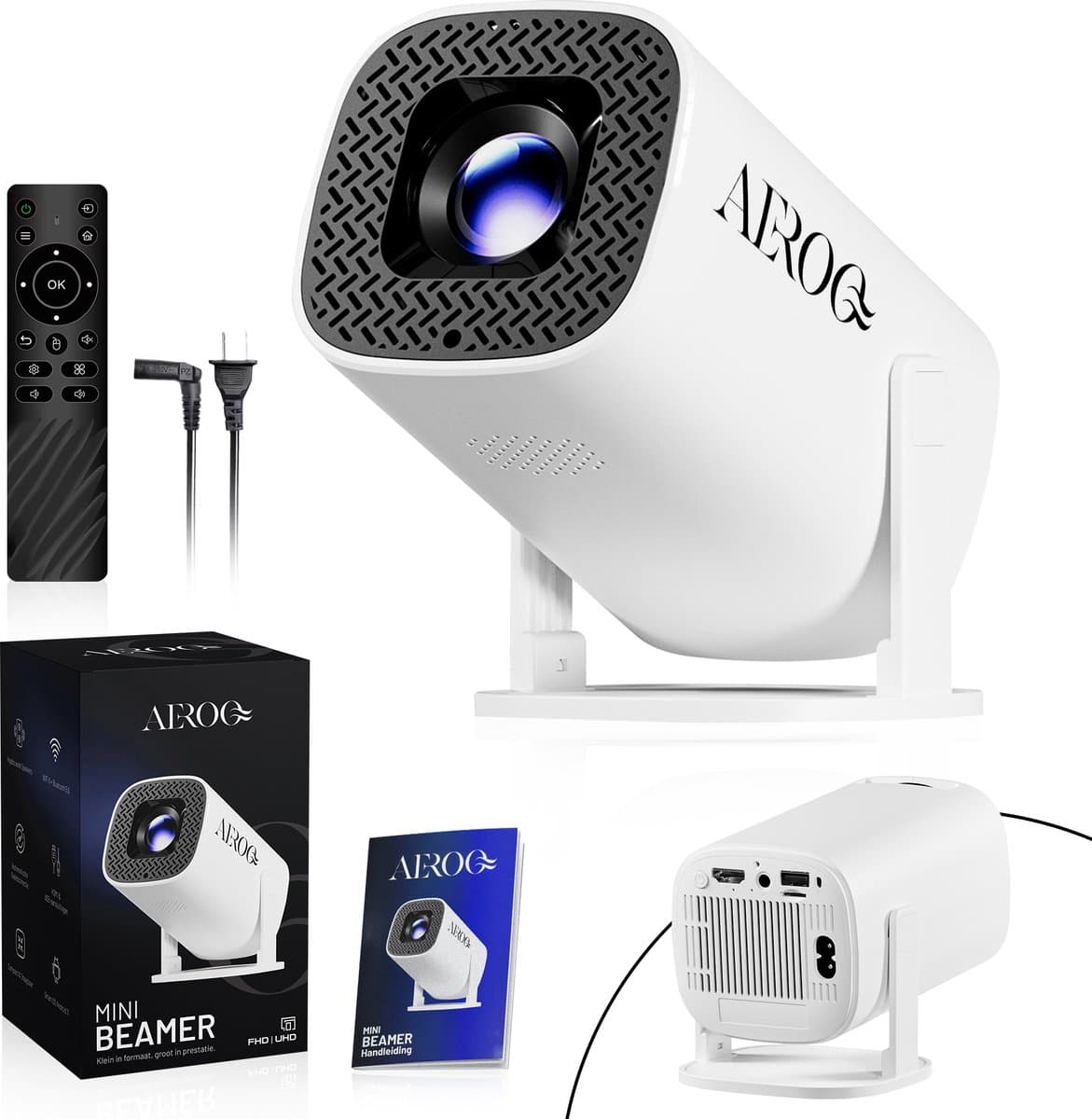 AeroQ Premium Mini Beamer – Alles-in-één Smart TV Projector - 2026 model - Android - WiFi & Bluetooth - 4k ondersteuning - Beamer - Home Cinema - 150 inch Full HD - Wit — afbeelding 1