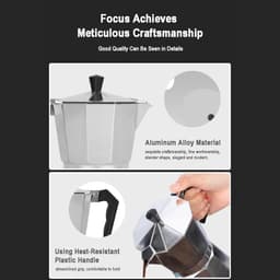 Mokapot met een inhoud van 9 kopjes, aluminium behuizing, een klassieke espressomachine voor thuisgebruik en op de camping. — thumbnail 5