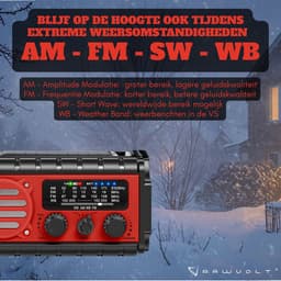 RAWVOLT® - NIEUW - Noodradio SW20K - 20000mAh Li-ion Accu - Solar Opwindbaar - Powerbank, Zaklamp, SOS Alarm & Leeslamp - 2026 model voor indoor, outdoor en in noodpakket - incl. Multi-Function Survival Armband - Tuscan Red — thumbnail 3