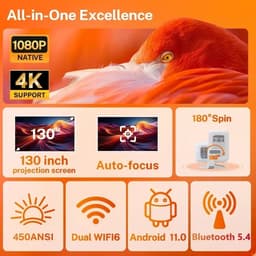 Norvia - 4K Mini beamer - 1080P projector - Draagbare bioscoop - Smartphone - Bluetooth - IOS - Android - 130 Inch - WiFi 6 — thumbnail 3