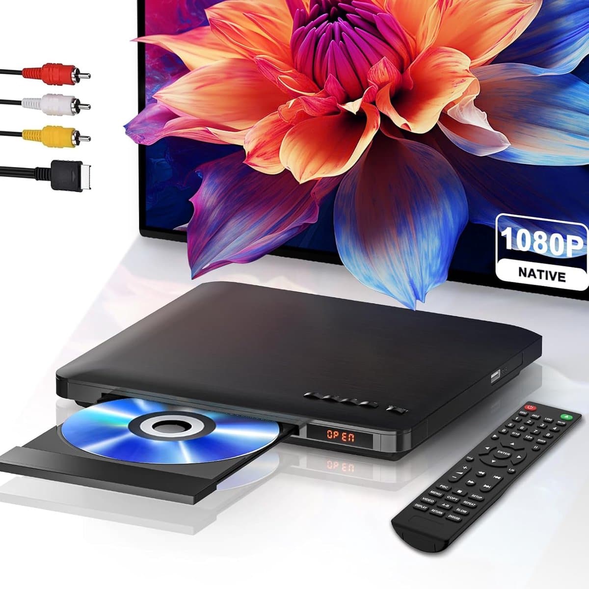 Ultradunne DVD-Speler voor TV – Regiovrij, HDMI & RCA Aansluiting, Full HD 1080P Upscaling, USB-Ingang, incl. Afstandsbediening & Kabels — afbeelding 1