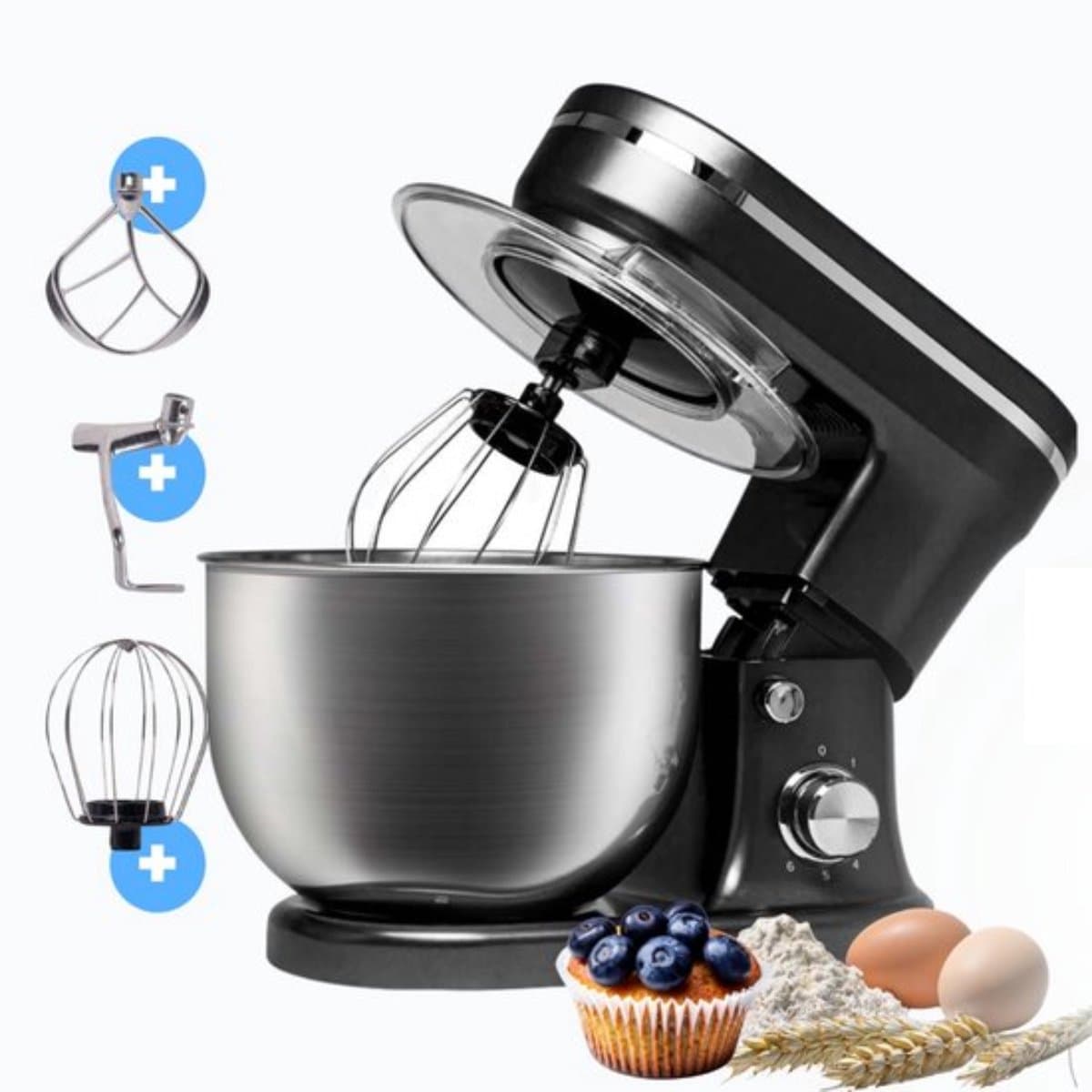 BluMill Keukenmachine - RVS - 6 Snelheden - Keukenmachine met kom - 5 Liter - met Accessoires - 1200W - Zwart Chrome — afbeelding 1