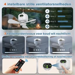 MUPOO Oplaadbare Camping Plafondventilator met LED verlichting - 8000mAh Accu - Afstandsbediening, 4 Standen & Timer - Stille DC Motor, Type-C & Ø27cm - Voor Tent, Caravan, Camper, Overkapping, Veranda & Buiten — thumbnail 2