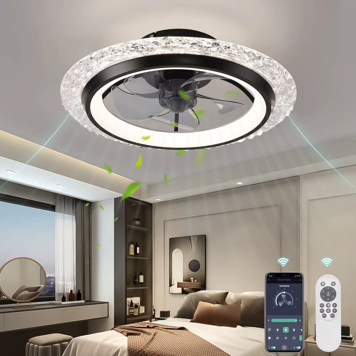 Crystal Ventilator - Ø50 cm - Stille Ventilator – Top Kwaliteit - Energie Zuinig – Met Remote - Dimbaar - APP - Ventilator - 6 Snelheden – Alternatief Voor Airco - Zomer en Winter Stand – Zwarte Ventilator — afbeelding 1