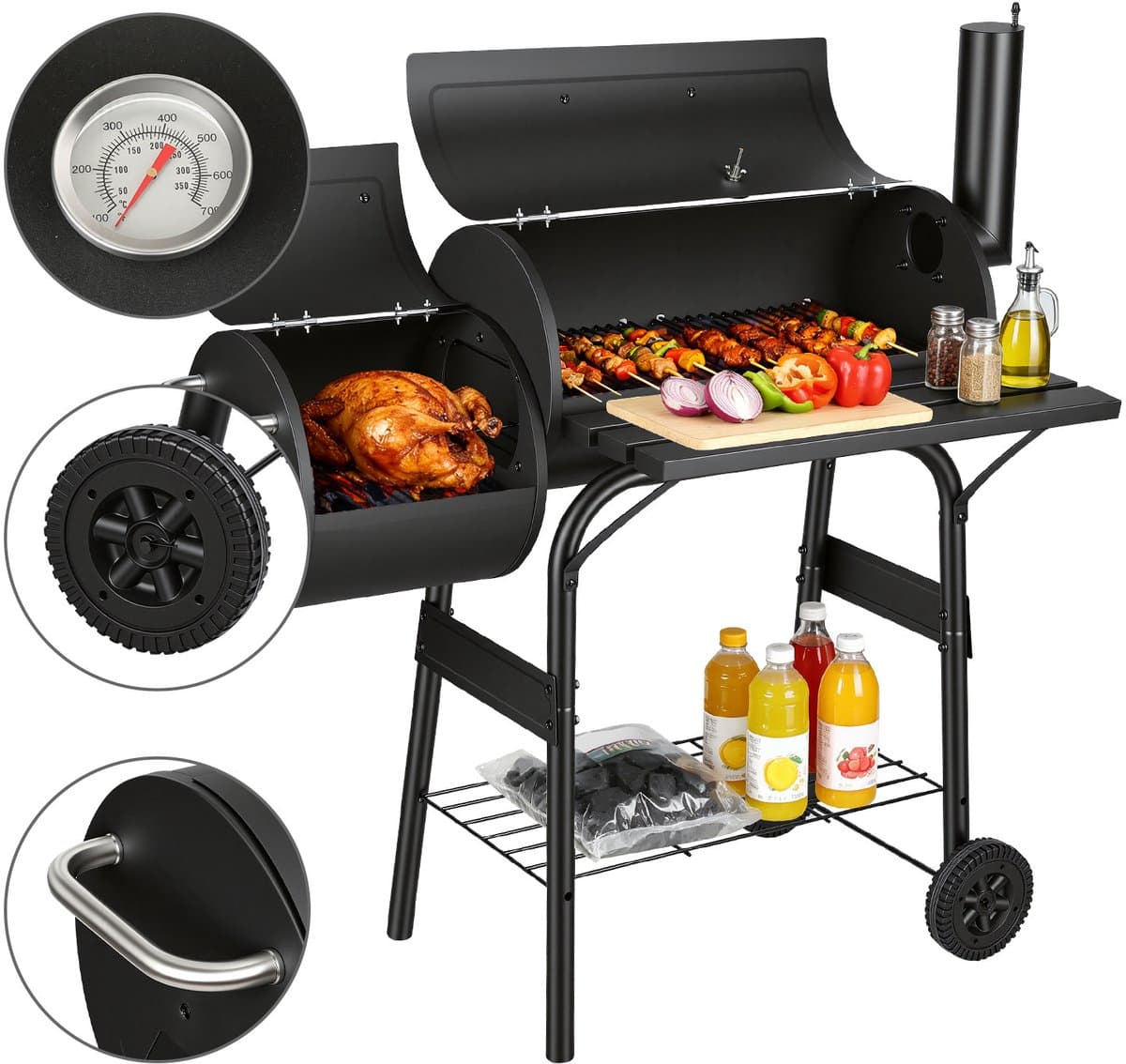 Houtskoolbarbecue met Smoker, 2-Kamer BBQ-wagen met Wielen, Rookbarbecue voor Vlees en Vis, Zwart — afbeelding 1