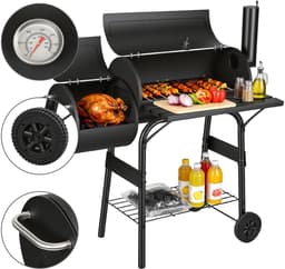 Houtskoolbarbecue met Smoker, 2-Kamer BBQ-wagen met Wielen, Rookbarbecue voor Vlees en Vis, Zwart — thumbnail 1