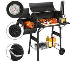 Houtskoolbarbecue met Smoker, 2-Kamer BBQ-wagen met Wielen, Rookbarbecue voor Vlees en Vis, Zwart