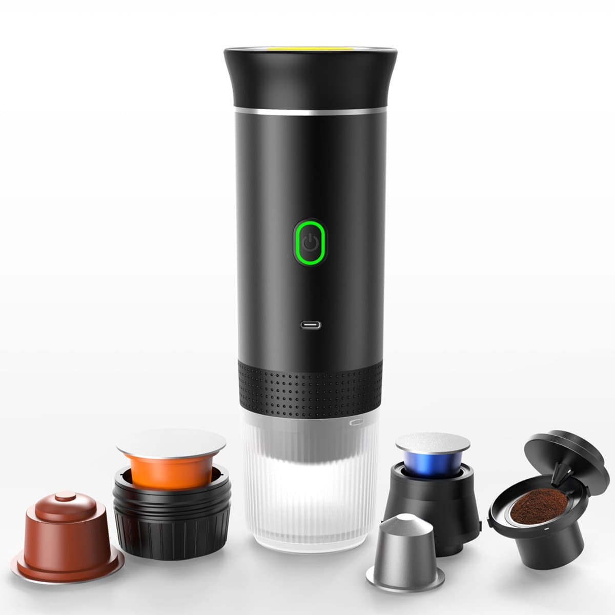 Draagbaar koffiezetapparaat voor op reis - Draadloos ontwerp, geschikt voor gebruik in de auto - 12V - Espresso - Compatibel met Nespresso en Dolce & Gusto koffiemachines - Koffie in capsules - Gemalen koffie - Kopformaat - Oplaadbaar - Zwart — afbeelding 1