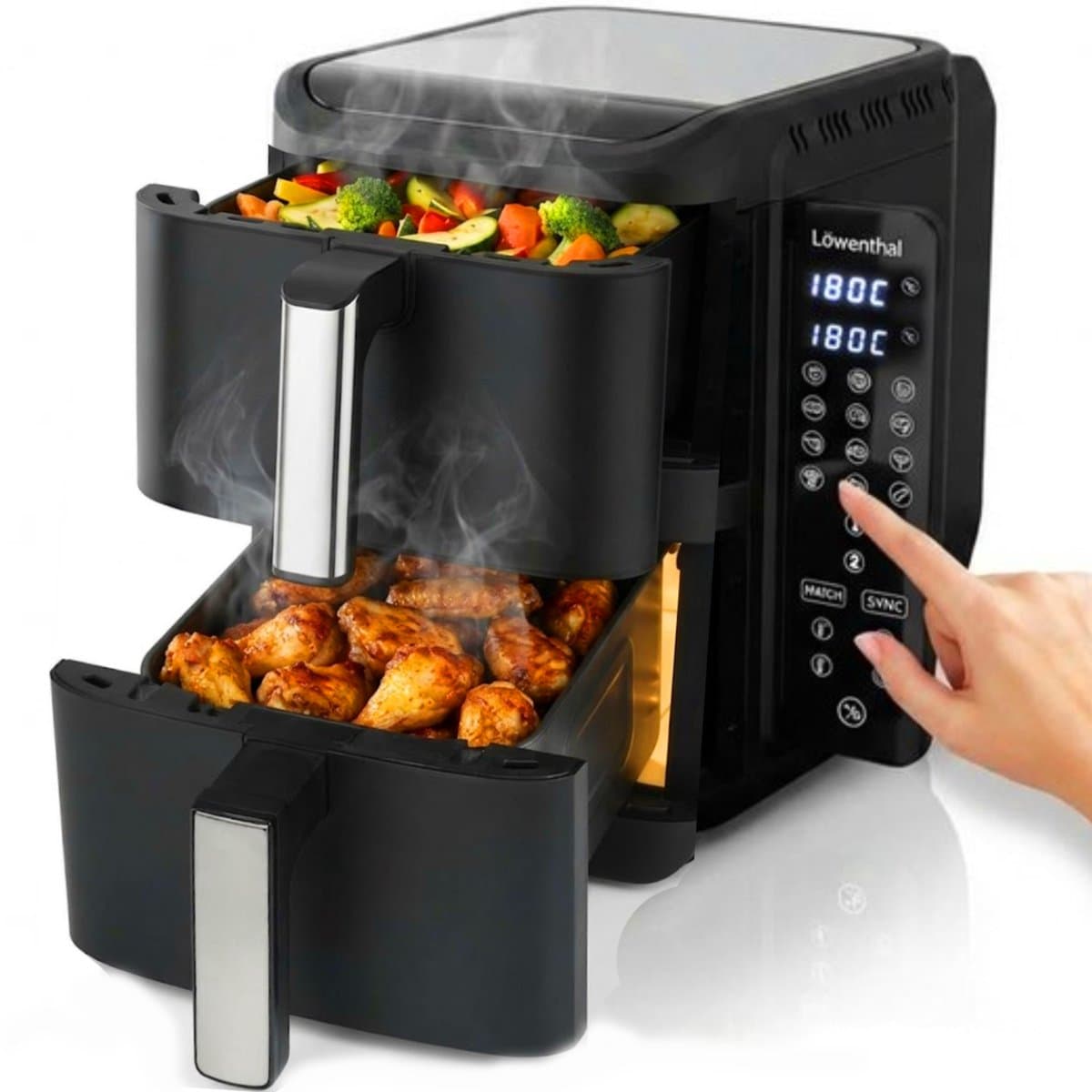 Dubbele Airfryer XXL 11L - BPA & PFAS Vrij - Dual Heteluchtfriteuse XL Tot 8 Personen - Slimme Functies: Smart Finish & Match Cook 60–200°C - Vaatwasserbestendige Manden - Antiaanbaklaag - 2800W - Vaderdag Cadeau voor Papa - Zwart - Löwenthal — afbeelding 1